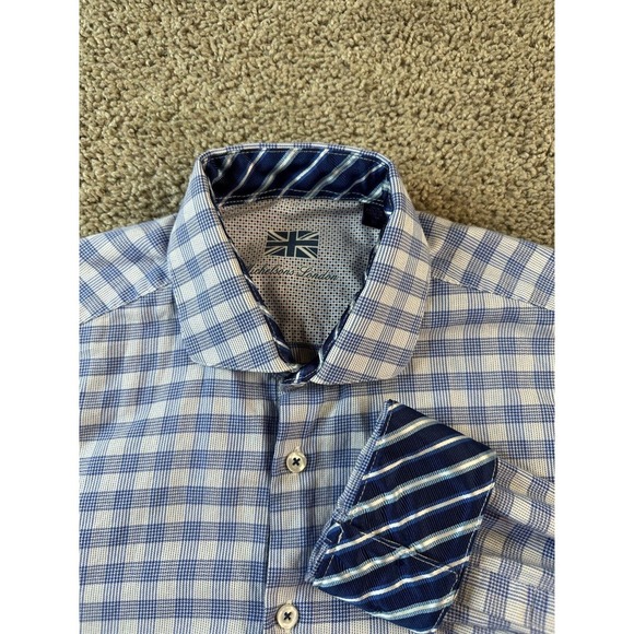 Michelsons London Shirt Mens Medium Blue Checkered Flip Cuff Long Sleeve - Picture 1 of 14